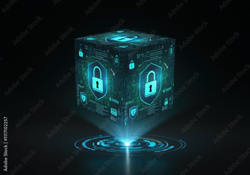Poster businessman protecting personal data by lock icon of cyber security cybersecurity and privacy concep