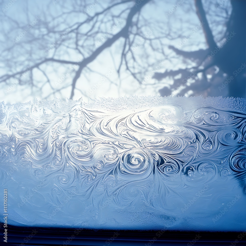 Poster frosty window pane with swirling ice patterns and tree branches.