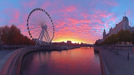 Obraz premium Vibrant sunrise over city river with Ferris wheel.