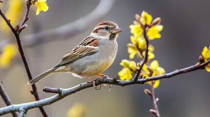 Sparrow Perched on Branch with Yellow Flowers