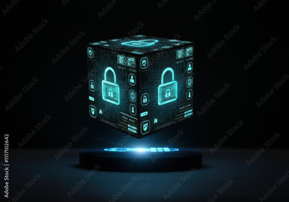 Poster businessman protecting personal data by lock icon of cyber security cybersecurity and privacy concep