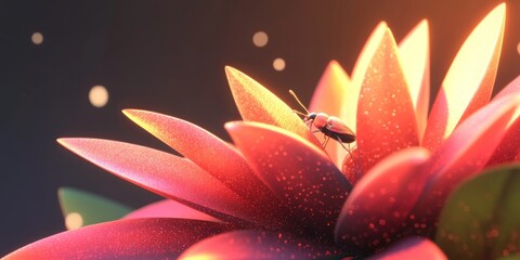 A vibrant flower with a small insect perched on its petals, illuminated by soft light.