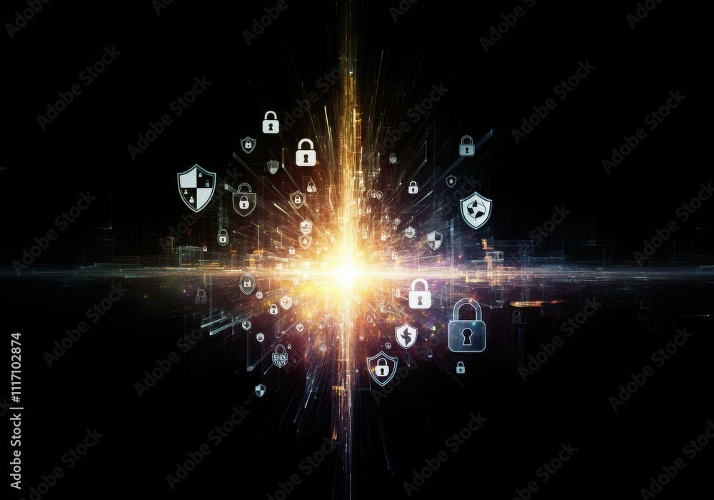 Poster businessman protecting personal data by lock icon of cyber security cybersecurity and privacy concep