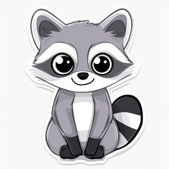 Obraz premium Cute cartoon raccoon, sitting, big eyes, smiling, simple design, grey and white, adorable