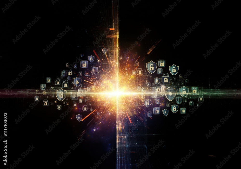Poster businessman protecting personal data by lock icon of cyber security cybersecurity and privacy concep