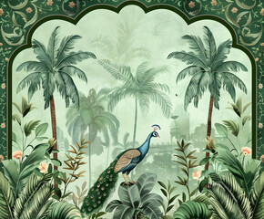 Mughal art style illustration of exotic plants, palm trees and peacock in an orientalist background with arabesque patterns and ornamental border frame,