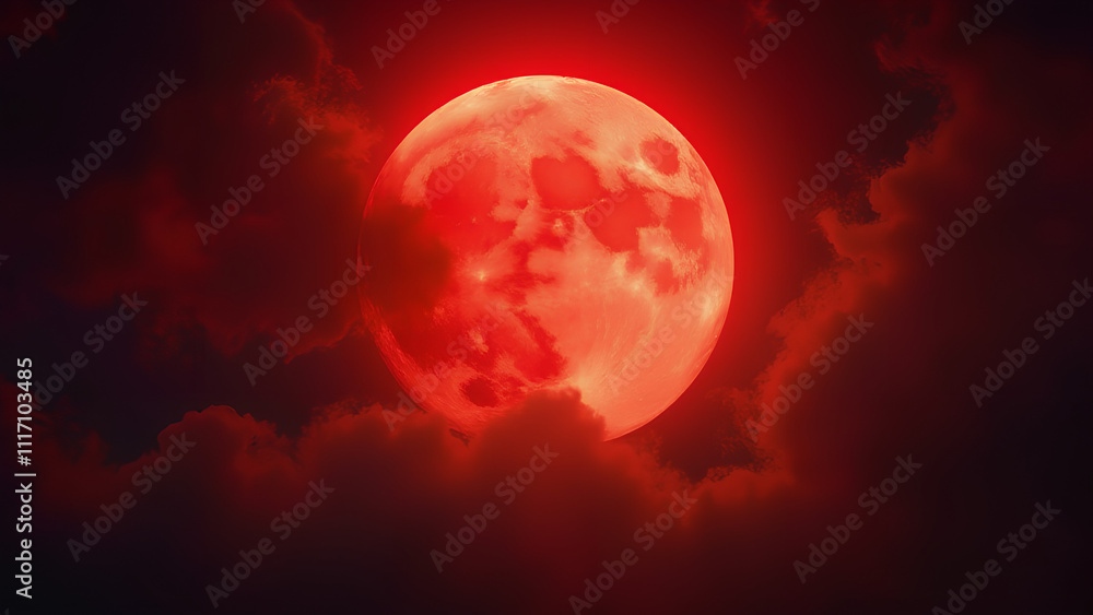 Wall mural fantasy full red moon horror spooky halloween concept cloudy night sky lit by a large closeup of a f