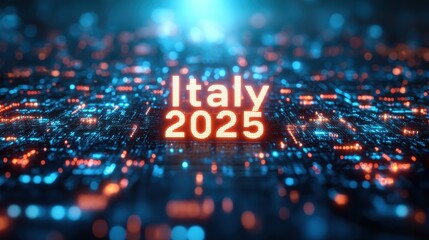 Modern Tech-Infused Italy 2025 Promo Image with Glowing Circuit Board Globe