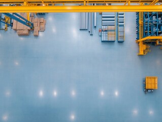 Aerial View of Factory Floor with Industrial Crane and Materials