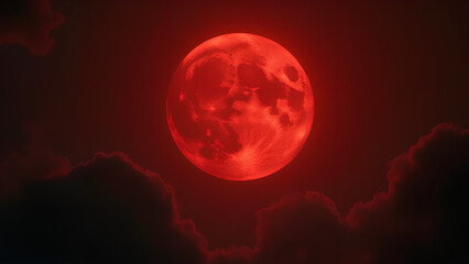 Fototapeta premium Fantasy full red moon Horror spooky Halloween concept Cloudy night sky lit by a large closeup of a full moon in a glowing fantasy ethereal moon