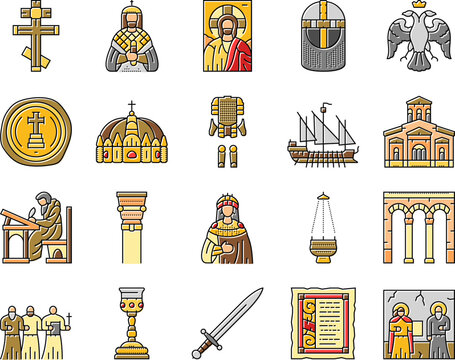 byzantium empire justinian icons set vector. hagia theodora, mosaics orthodox, iconoclasm nicaea, heraclius procopius, greek byzantium empire justinian color line illustrations
