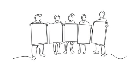 continuous line drawing of group of people holding a demonstration carrying banners. one line drawing of a group of people carrying a banner with the words demands.single line vector illustration