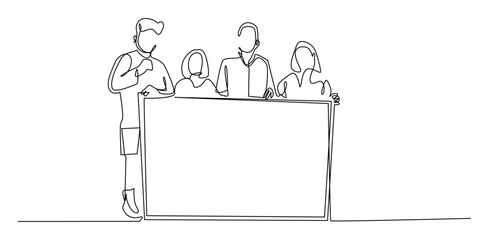 continuous line drawing of group of people holding a demonstration carrying banners. one line drawing of a group of people carrying a banner with the words demands.single line vector illustration