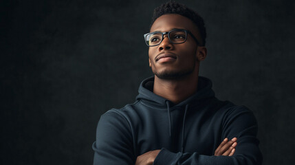 Obraz premium Confident Young Man in Glasses Wearing a Hoodie Posing Against Dark Background