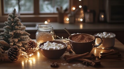 Fototapeta premium Cozy scene with hot cocoa ingredients and festive decor.