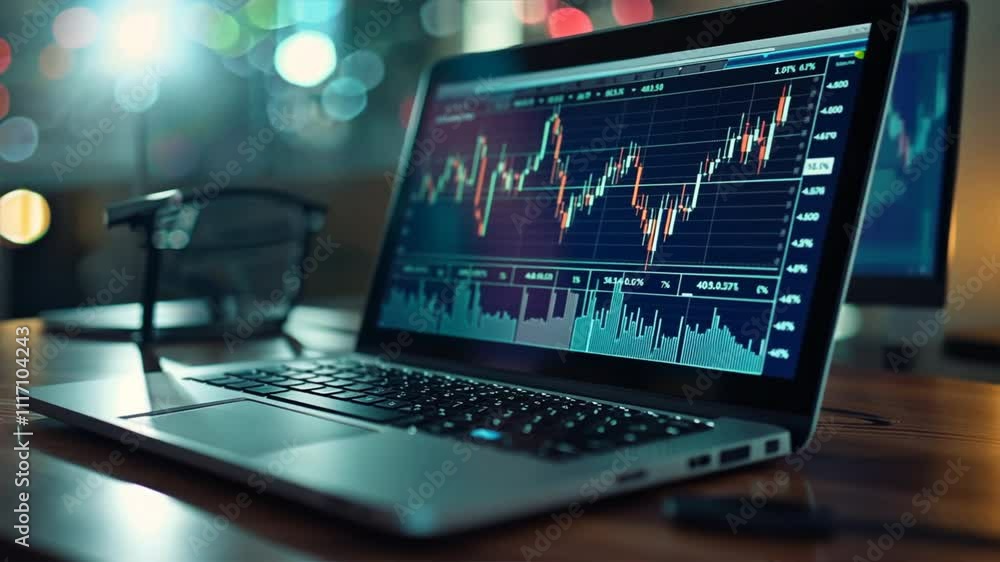 Poster exploring technology in finance laptop displaying stock market charts and data analysis for investme