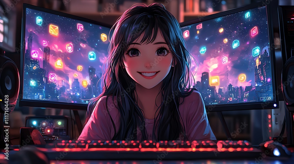 Aufkleber smiling girl using computer with vibrant digital icons on screen.