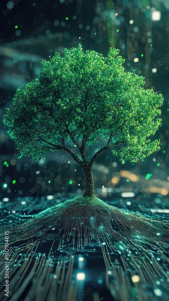 Poster creativity startup expansion concept. digital tree with vibrant green leaves emerging from a texture
