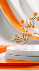 White Podium for Product Advertisement Display with Orange Flowers. Vertical Template for Promotional Content Design in Social Media
