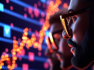 creativity startup expansion concept. Two men analyze data on a digital screen with glasses and illuminated graphs in the background.