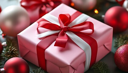 Obraz premium Pink Christmas Gift Box with Red and White Ribbon Festive Ornaments