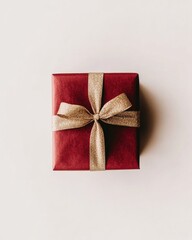 A beautifully wrapped Christmas gift displayed against a pristine white background. The box is elegantly adorned with festive red wrapping paper and a golden ribbon tied in a perfect bow. 