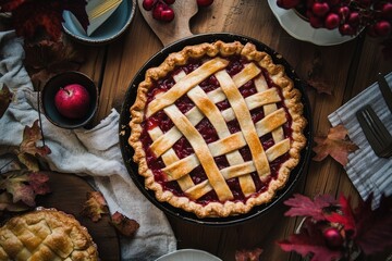 Delicious, freshly baked, fall apple pie on a rustic wooden table, surrounded by autumn leaves and other autumnal ingredients.