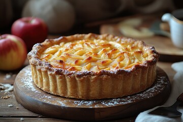 Delicious golden apple tart on a wooden board, dusted with powdered sugar.