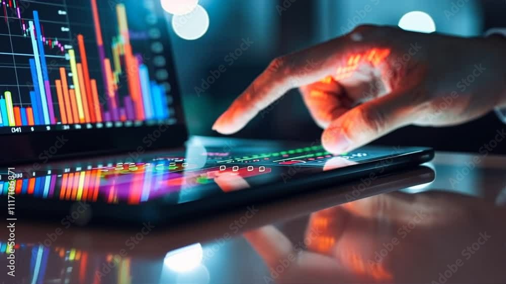 Poster colorful digital tablet technology analyzing financial data and graphs with touchscreen interactivit