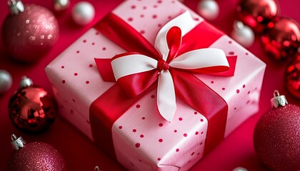 Pink Gift Box with Red Ribbon Christmas Ornaments Festive Background