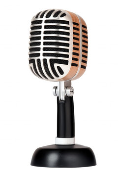 recommend clip art: Vintage-Style Metal Microphone Studio Equipment Retro Recording Gear Classic Broadcast Mic Stand Tripod Base Adjustable Height Black Gold Design Photography Background