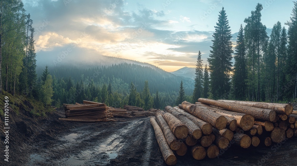 Poster a breathtaking view of a vast forest at sunset, where logs lie stacked on the muddy ground. soft mis