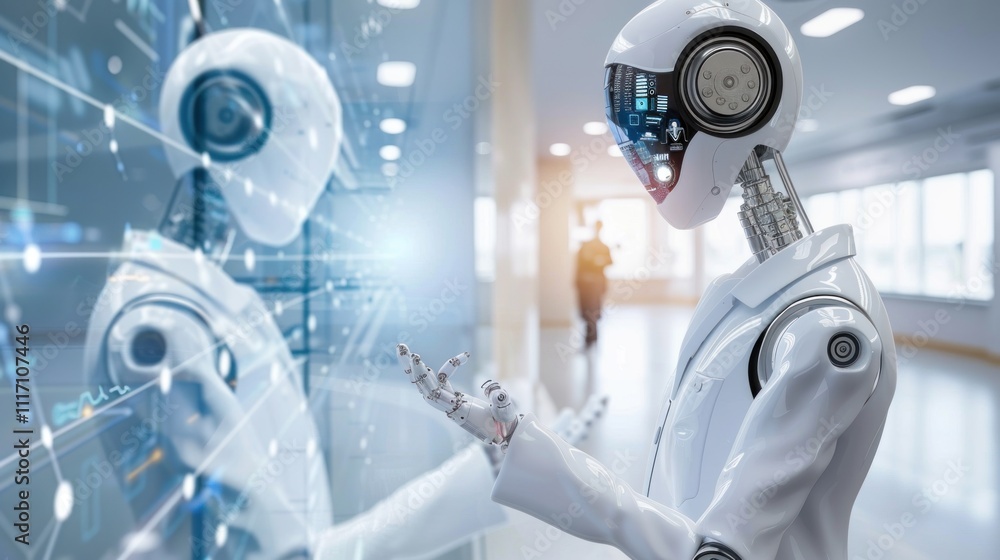 Poster humanoid robot interacting with digital interface