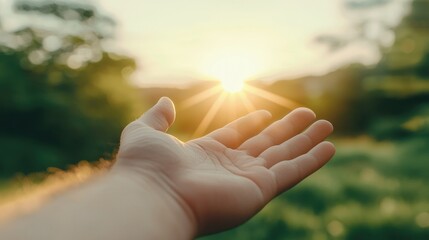 A hand reaching towards the sunlight symbolizes hope, positivity, and connection with nature.
