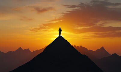 A silhouette of a person standing on a mountain peak at sunset, surrounded by majestic peaks and vibrant colors.