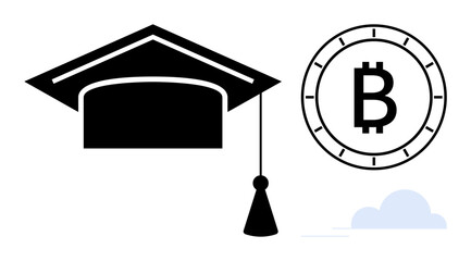 Graduation cap with a tassel next to a Bitcoin symbol, representing the link between education and digital currency. Ideal for education technology, cryptocurrency learning, financial literacy