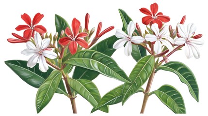 Obraz premium Red and White Flowers with Lush Green Leaves