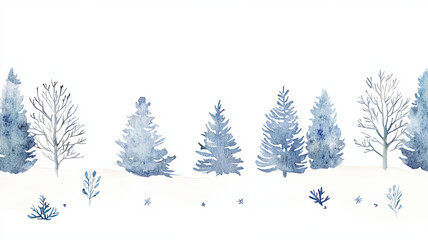 Obraz premium Winter scene with watercolor trees in shades of blue, creating serene and peaceful atmosphere. delicate branches and snowy ground enhance tranquil beauty of landscape