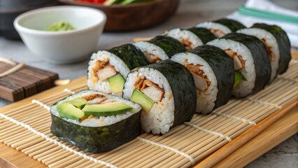 An aesthetically pleasing sushi roll featuring sushi rice wrapped in nori filled with slices of leftover grilled chicken avocado and cucumber. Each roll is neatly and arranged on a