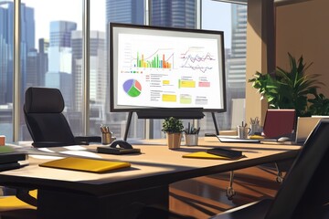 A modern office with a presentation screen displaying business data and charts.