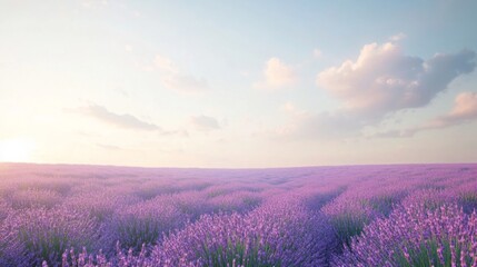 Obraz premium Lavender fields with purple flowers extending into the horizon, clear sky with light clouds, tranquil and refreshing spring scene, copy space above