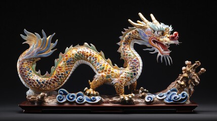 Large Chinese dragon statue with colorful detailing and golden scales