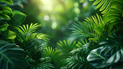Lush green tropical foliage with sunlight filtering through leaves.