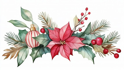 beautiful watercolor floral arrangement featuring vibrant poinsettia, festive ornaments, and seasonal greenery, perfect for holiday decorations and celebrations