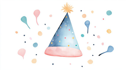 Obraz premium festive blue party hat with colorful polka dots and golden pom pom, surrounded by playful splashes of color, perfect for celebrations and joyful occasions