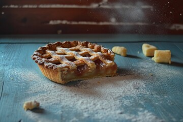 Freshly baked apple pie with a missing slice on a rustic wooden table dusted with powdered sugar.