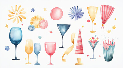Colorful watercolor party props including glasses, balloons, and decorations create festive atmosphere for celebrations. Perfect for invitations or event planning