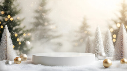 A snowy winter scene with a white pedestal in the foreground, surrounded by blurred pine trees in the background