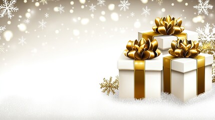 Modern New Year-themed background with luxurious white gift boxes adorned with gold ribbons, snowflake motifs, and space for festive greetings.