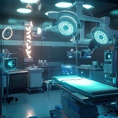 Modern operating room;  surgical table, bright lights, equipment.